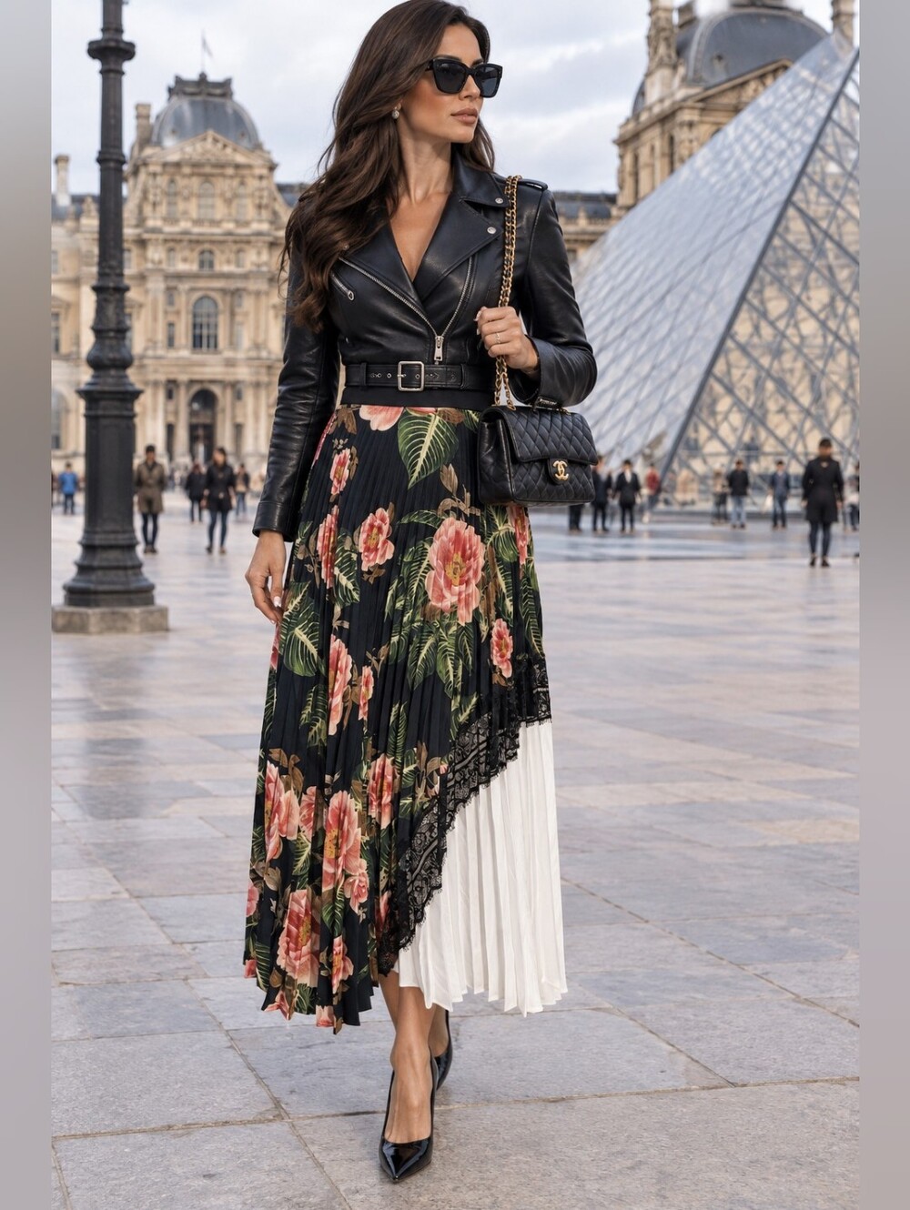 Floral Pleated Asymmetric Midi Skirt
